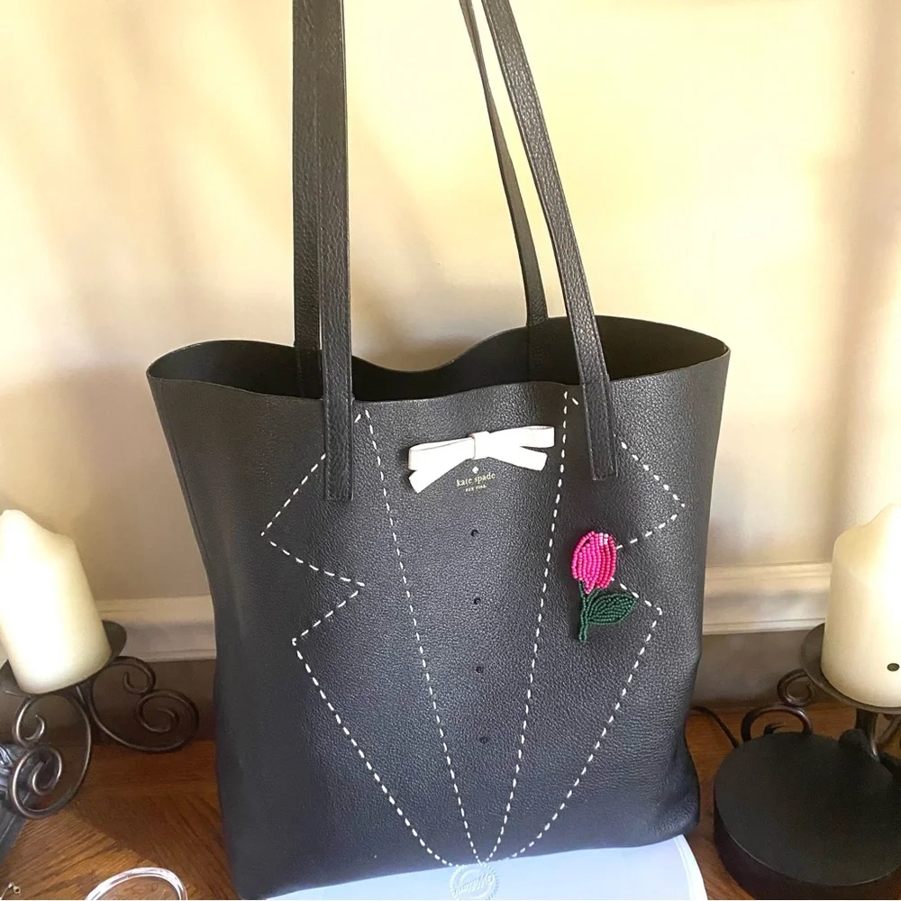 Kate Spade On Purpose Embroidered Leather Tote with tuxedo and boutonnière EUC